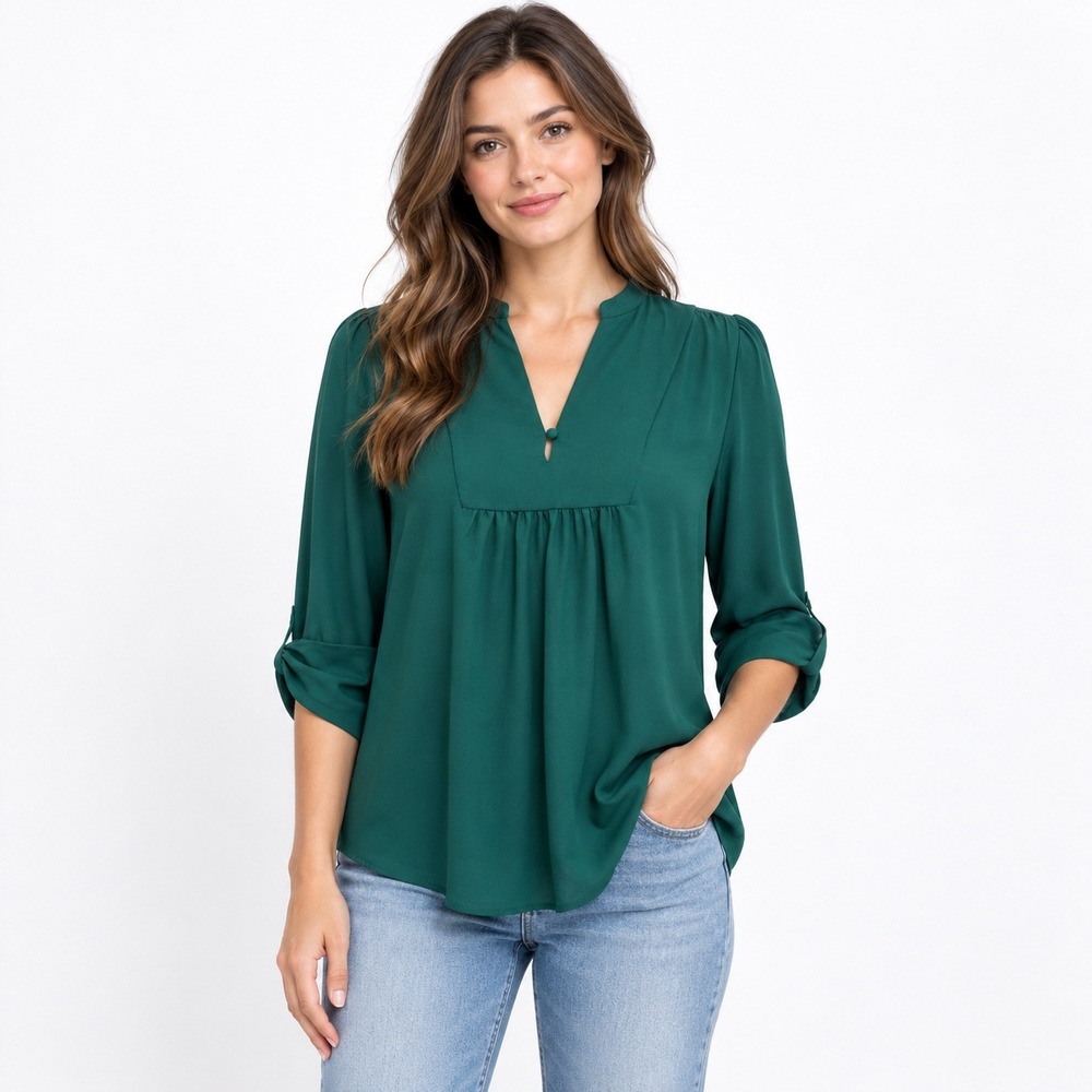 Briton Ivy Blouse Size L Dark Green Roll Tab Sleeve Split Neck Pleated Office